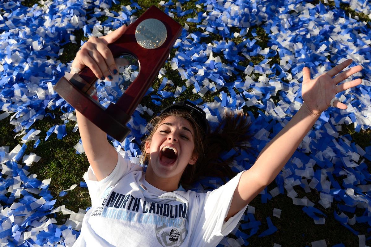 UNC's Reilly Parker celebrates the Tar Heels 4-1 victory over Penn State University during the 2012 Division I Women's Soccer Championship.