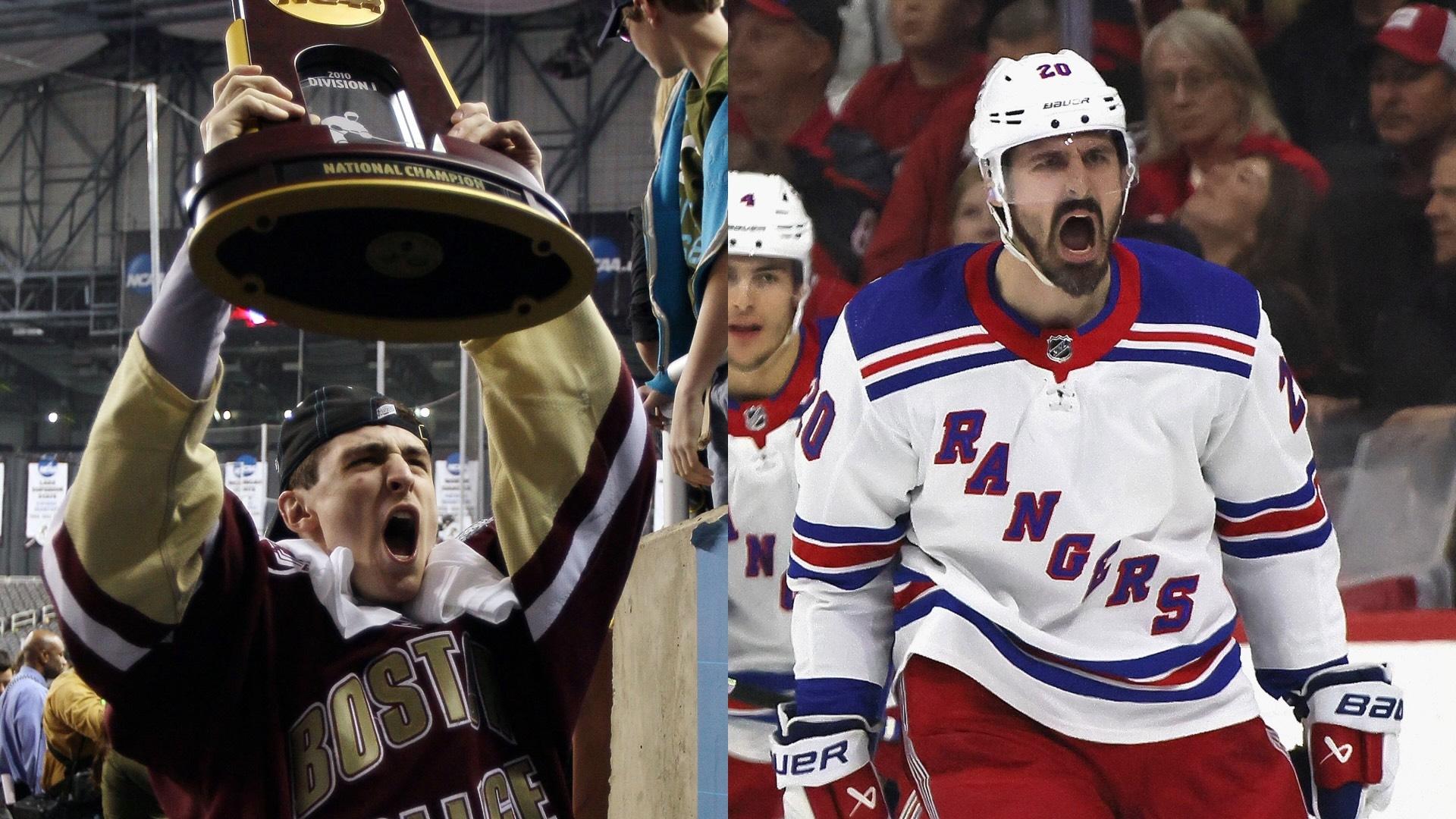 Chris Kreider celebrating winning the 2010 national championship with Boston College and as a member of the New York Rangers