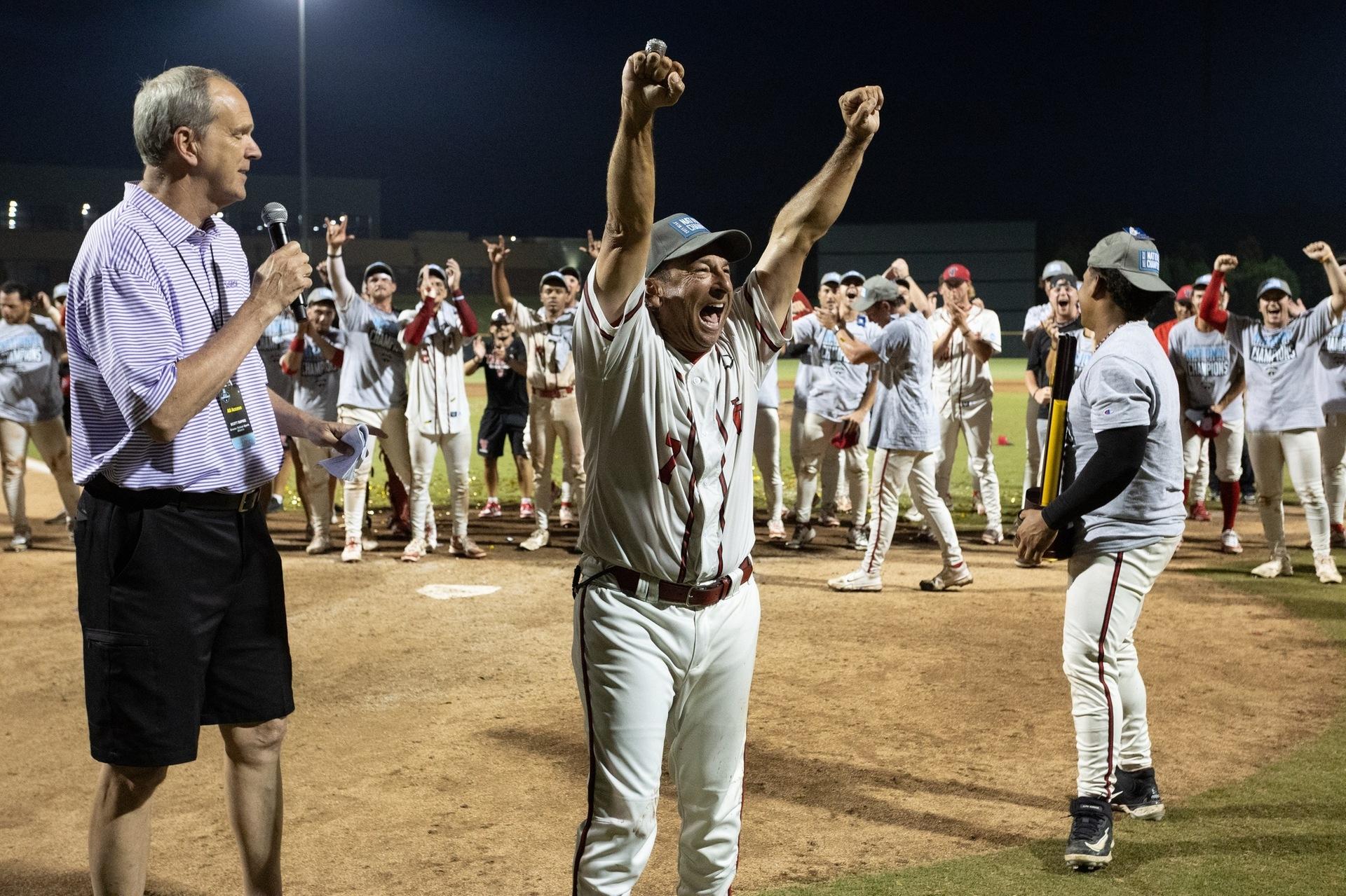 Tampa head coach Joe Urso celebrates his 10th DII baseball championship. 